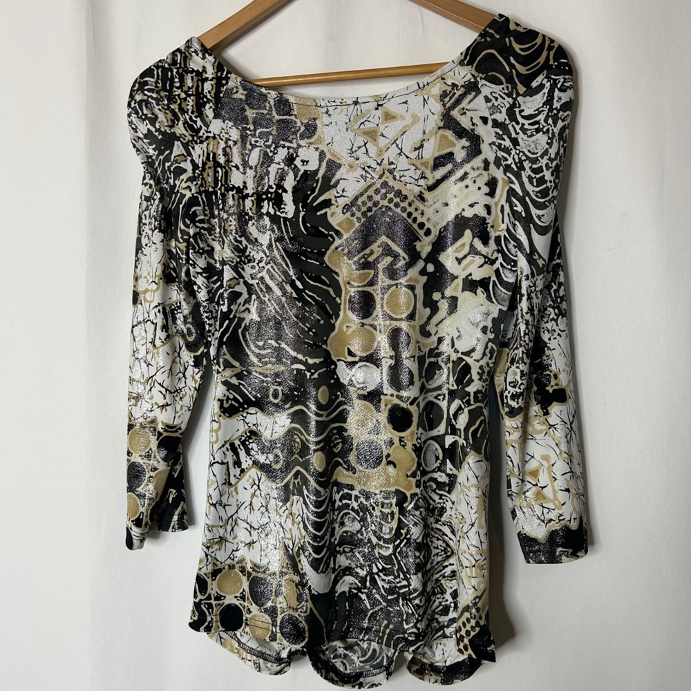 Joseph Ribkoff Top Size 10 Abstract Print‎ Black White Gold Ruched Long Sleeve - Picture 5 of 7